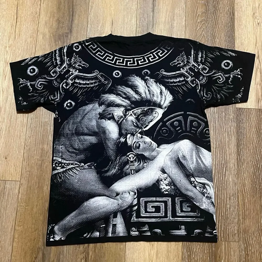 Vtg Aztec Warrior All Over Print Graphic Tee L Yazbek Black White Mayan Y2K Art - Picture 3 of 5